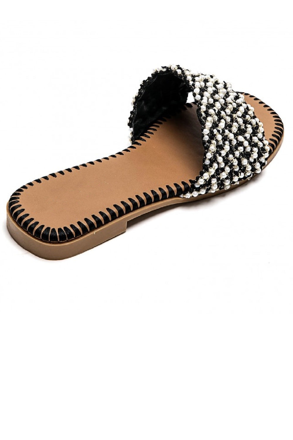BLACK PEARL DETAIL FLAT SLIDER SUMMER SANDALS