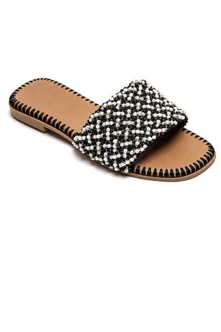 BLACK PEARL DETAIL FLAT SLIDER SUMMER SANDALS