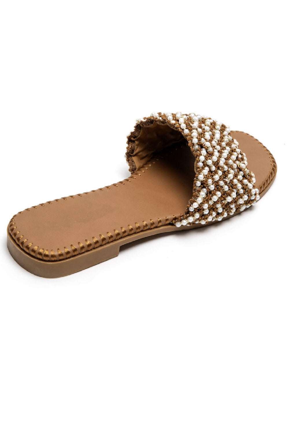 KHAKI PEARL DETAIL FLAT SLIDER SUMMER SANDALS