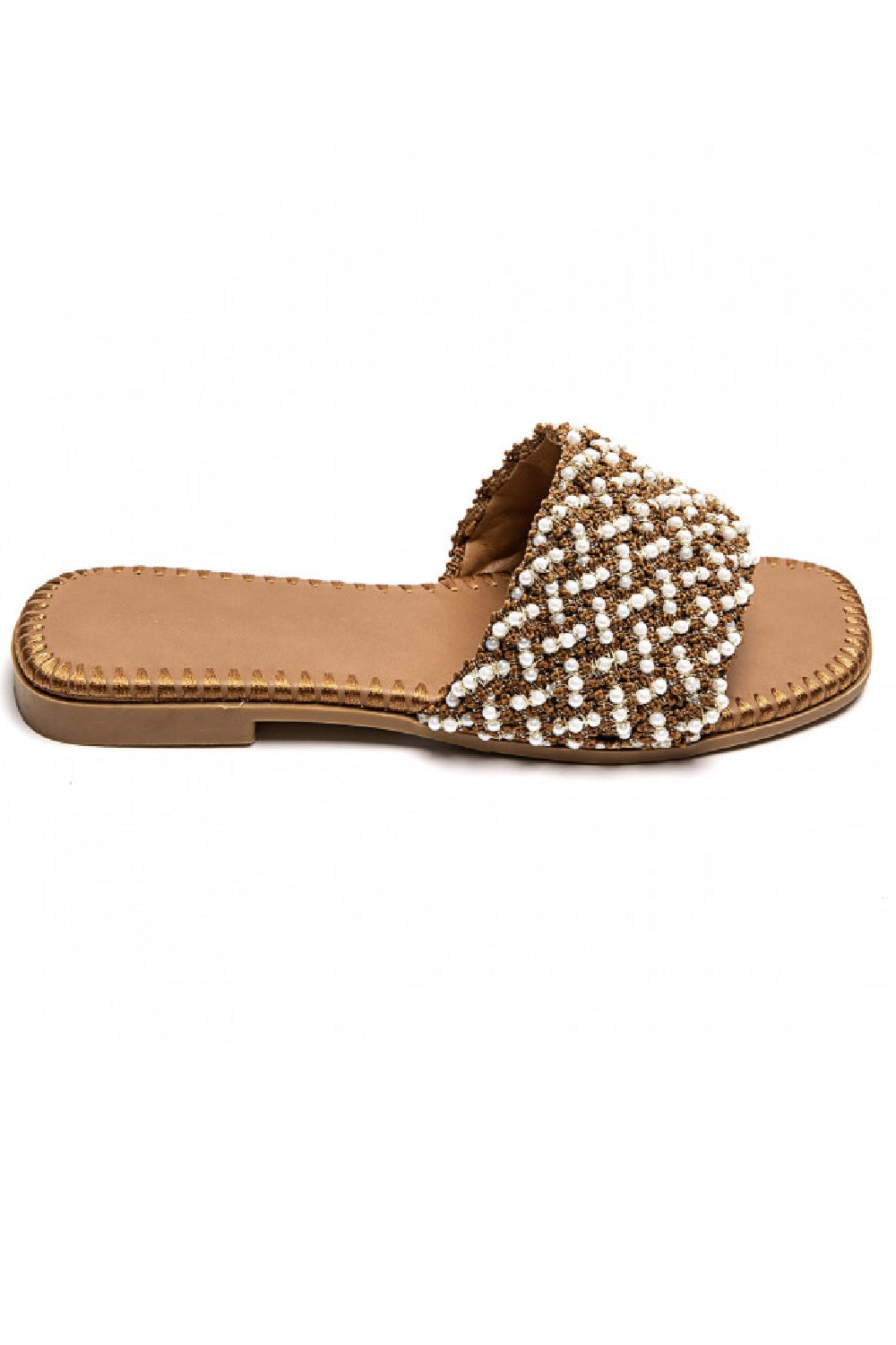 KHAKI PEARL DETAIL FLAT SLIDER SUMMER SANDALS