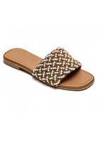 KHAKI PEARL DETAIL FLAT SLIDER SUMMER SANDALS