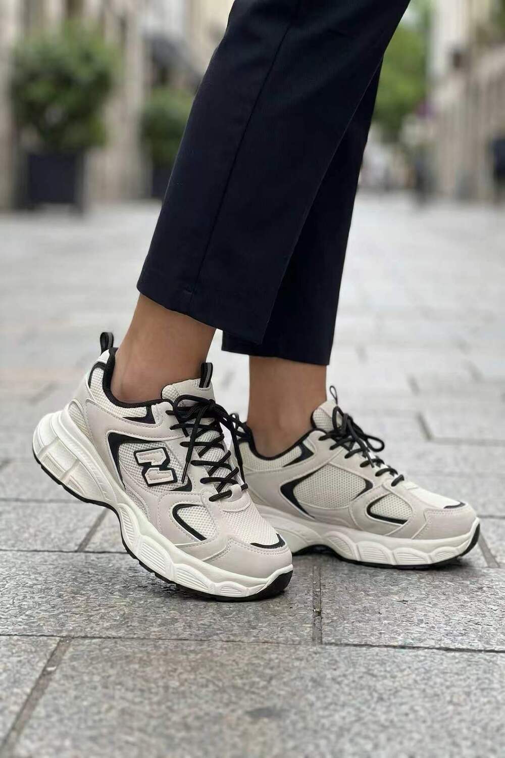 Beige and Black Chunky Thick Sole Trainers