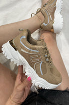 KHAKI LACE UP CHUNKY FLAT TRAINERS WITH GOLD HEEL CLIP SIDE DETAIL