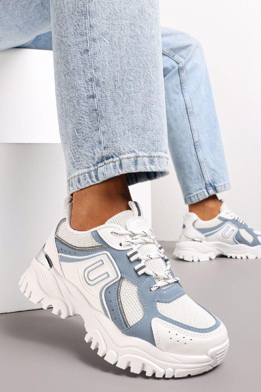 WHITE LACE UP CHUNKY FLAT TRAINERS WITH GOLD HEEL CLIP SIDE DETAIL