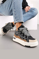 BLACK BEIGE RIBBON DETAIL LACE UP CHUNKY FLAT TRAINERS