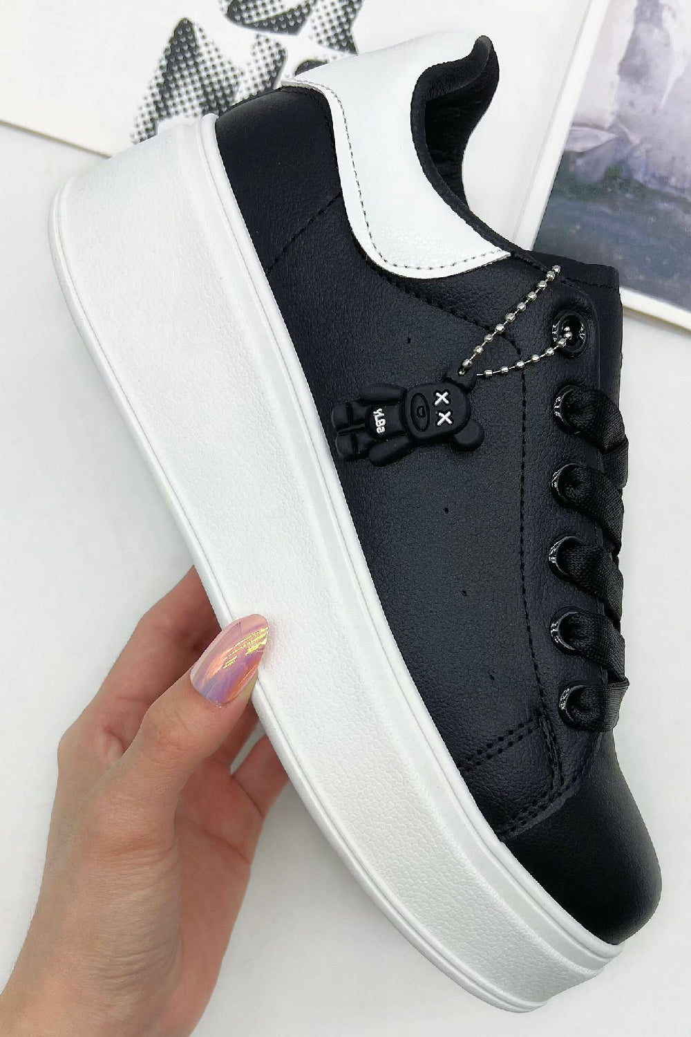 BLACK LACE UP TAB DETAIL CHUNKY FLAT SNEAKERS TRAINERS