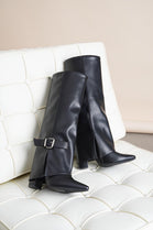 BLACK PU FOLDED OVER BLOCK HEEL BUCKLE DETAIL KNEE HIGH BOOTS