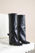 BLACK PU FOLDED OVER BLOCK HEEL BUCKLE DETAIL KNEE HIGH BOOTS
