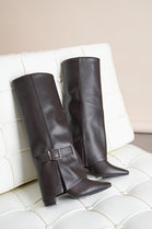 BROWN PU FOLDED OVER BLOCK HEEL BUCKLE DETAIL KNEE HIGH BOOTS