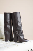 BROWN PU FOLDED OVER BLOCK HEEL BUCKLE DETAIL KNEE HIGH BOOTS