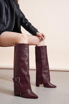 WINE PU FOLDED OVER BLOCK HEEL BUCKLE DETAIL KNEE HIGH BOOTS