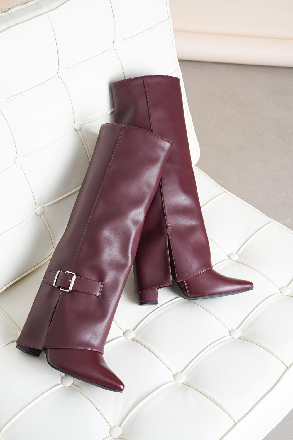 WINE PU FOLDED OVER BLOCK HEEL BUCKLE DETAIL KNEE HIGH BOOTS