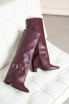 WINE PU FOLDED OVER BLOCK HEEL BUCKLE DETAIL KNEE HIGH BOOTS