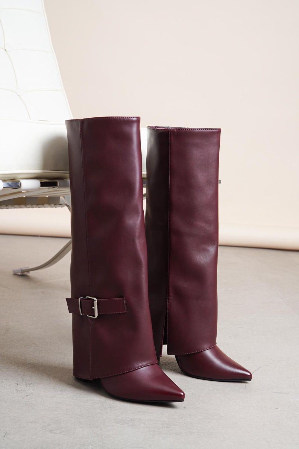 WINE PU FOLDED OVER BLOCK HEEL BUCKLE DETAIL KNEE HIGH BOOTS