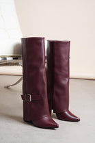 WINE PU FOLDED OVER BLOCK HEEL BUCKLE DETAIL KNEE HIGH BOOTS