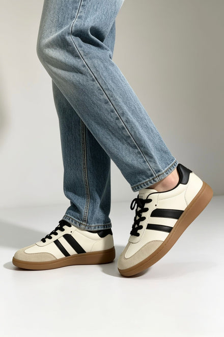 Beige and Black Casual Gum Sole Trainers | Wholesale