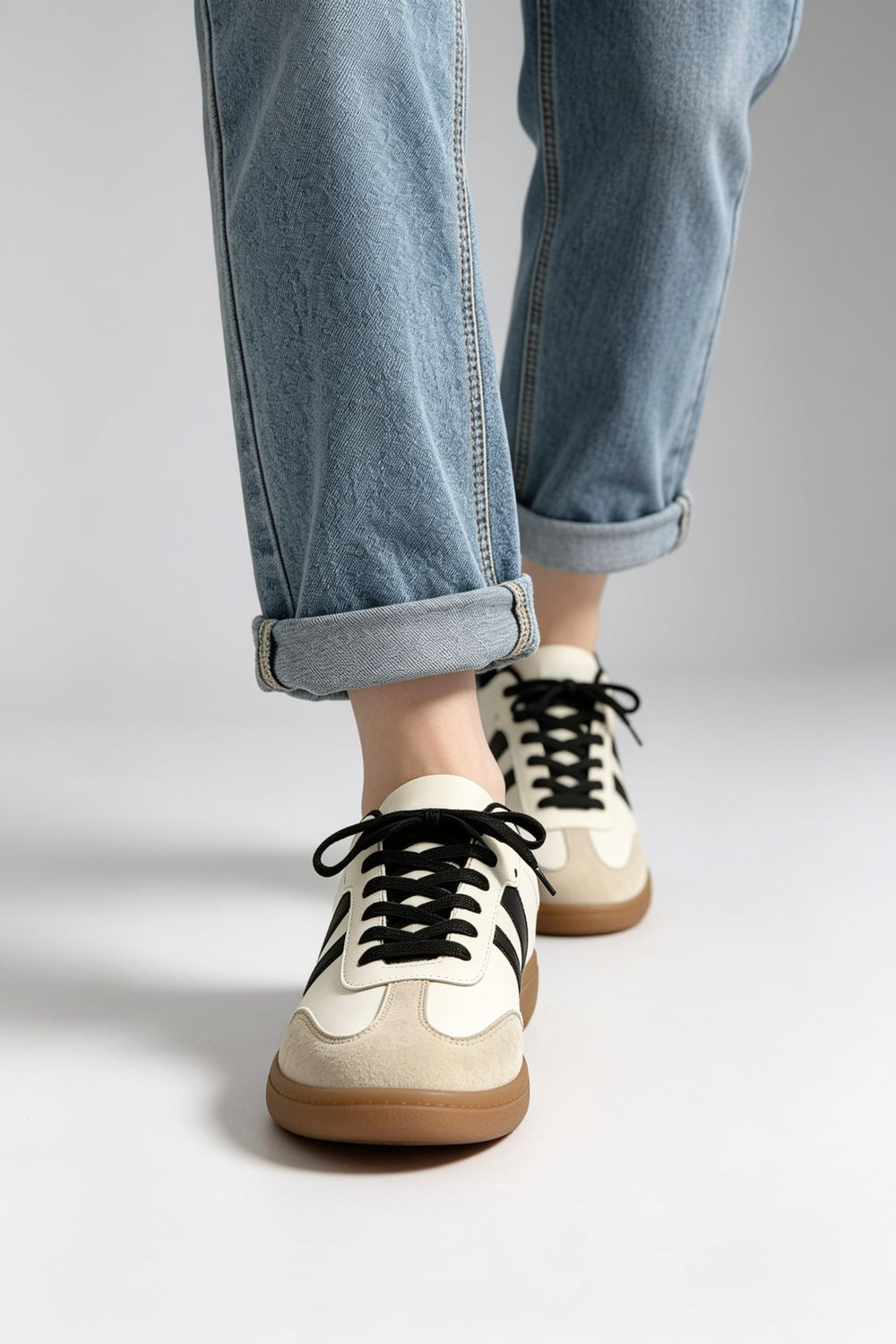 Beige and Black Casual Gum Sole Trainers | Wholesale