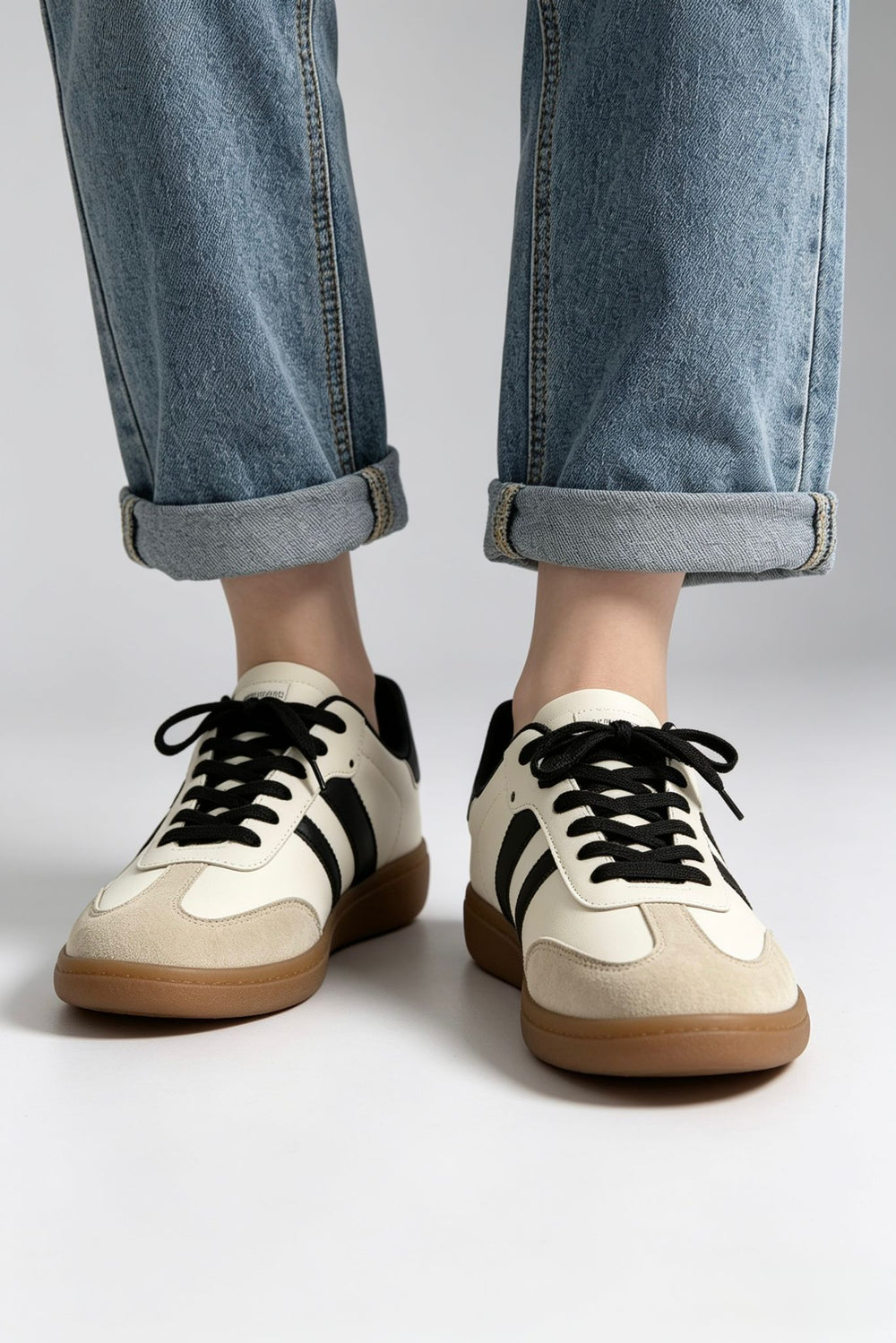 Beige and Black Casual Gum Sole Trainers | Wholesale