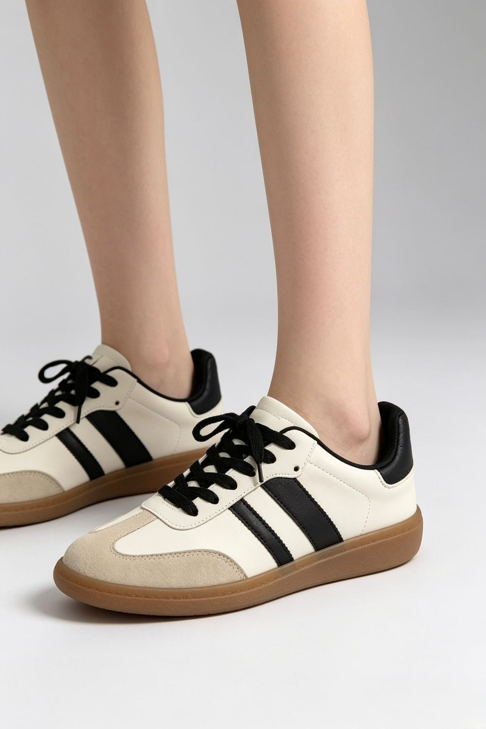 Beige and Black Casual Gum Sole Trainers | Wholesale