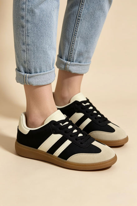 Black and Beige Casual Gum Sole Trainers | Wholesale
