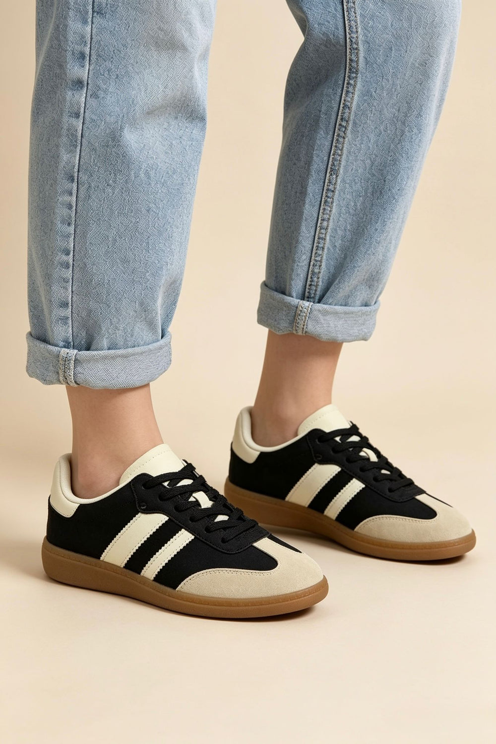Black and Beige Casual Gum Sole Trainers | Wholesale