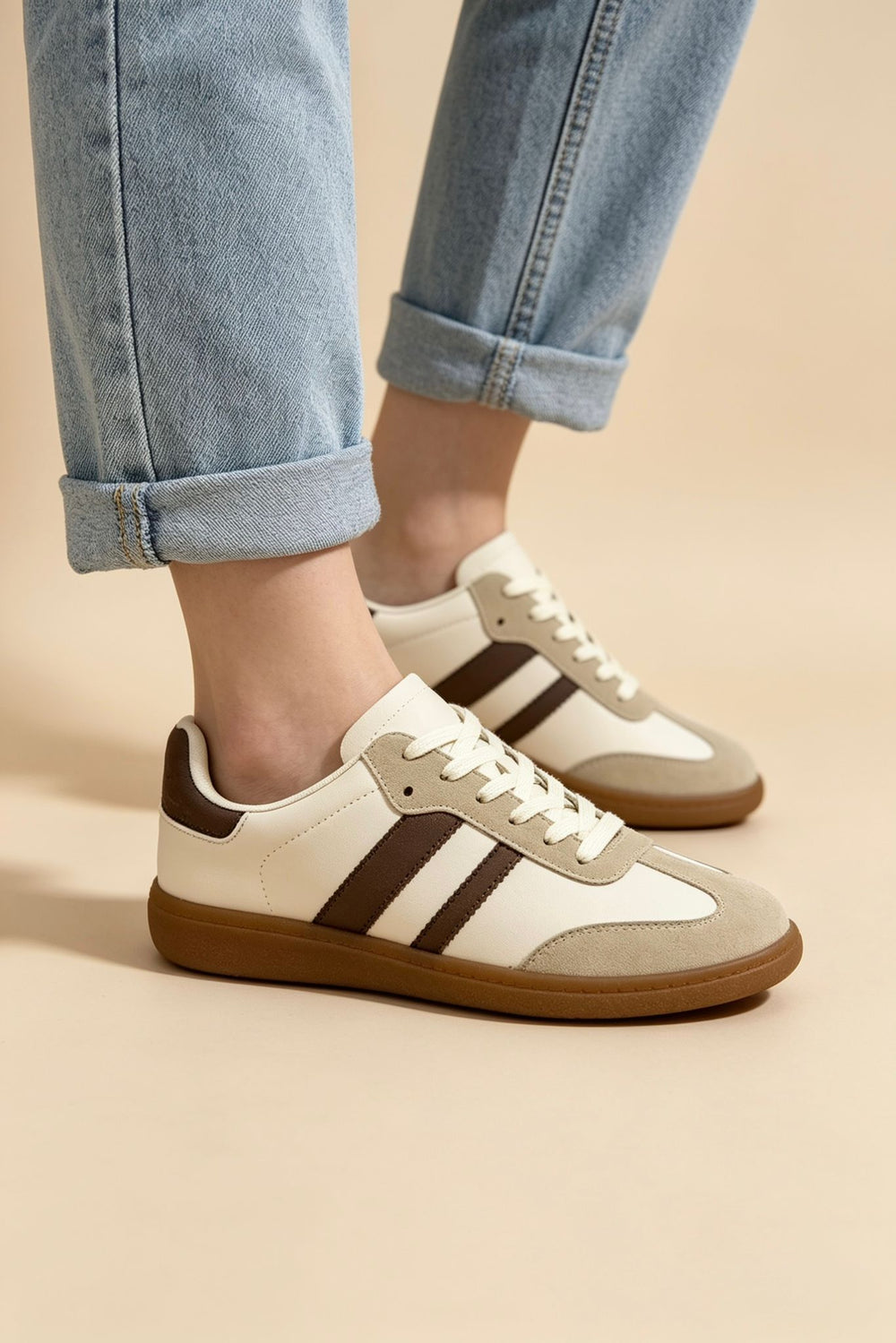Beige and Brown Casual Gum Sole Trainers | Wholesale