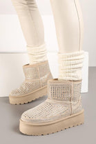 BEIGE ULTRA MINI SPARKLY FUR LINED CHUNKY PLATFORM SNOW BOOTS