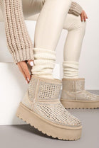 BEIGE ULTRA MINI SPARKLY FUR LINED CHUNKY PLATFORM SNOW BOOTS