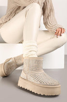 BEIGE ULTRA MINI SPARKLY FUR LINED CHUNKY PLATFORM SNOW BOOTS