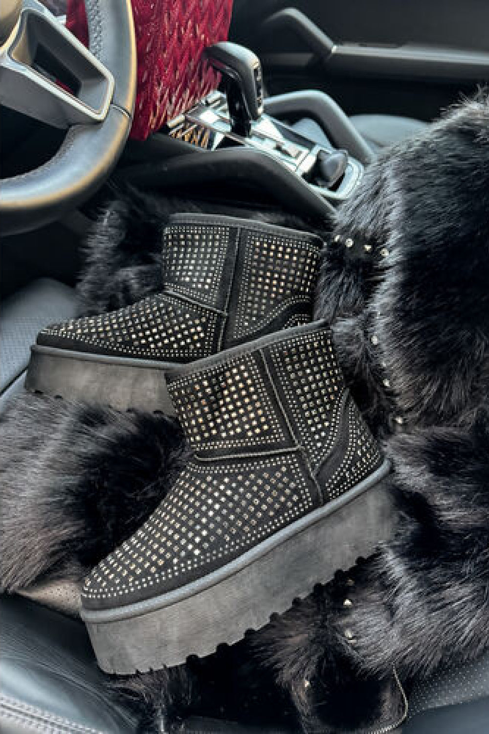 BLACK ULTRA MINI SPARKLY FUR LINED CHUNKY PLATFORM SNOW BOOTS