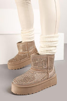 KHAKI ULTRA MINI SPARKLY FUR LINED CHUNKY PLATFORM SNOW BOOTS