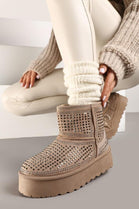 KHAKI ULTRA MINI SPARKLY FUR LINED CHUNKY PLATFORM SNOW BOOTS