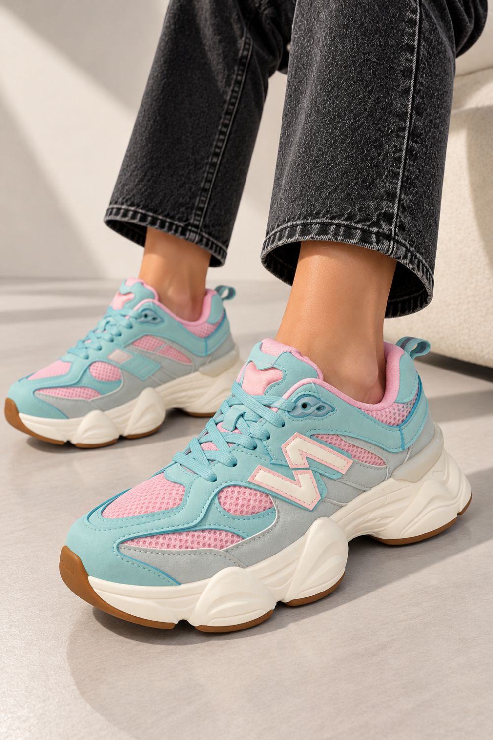 Women's Contrast Mesh Pink Green Chunky Trainers | Wholesale