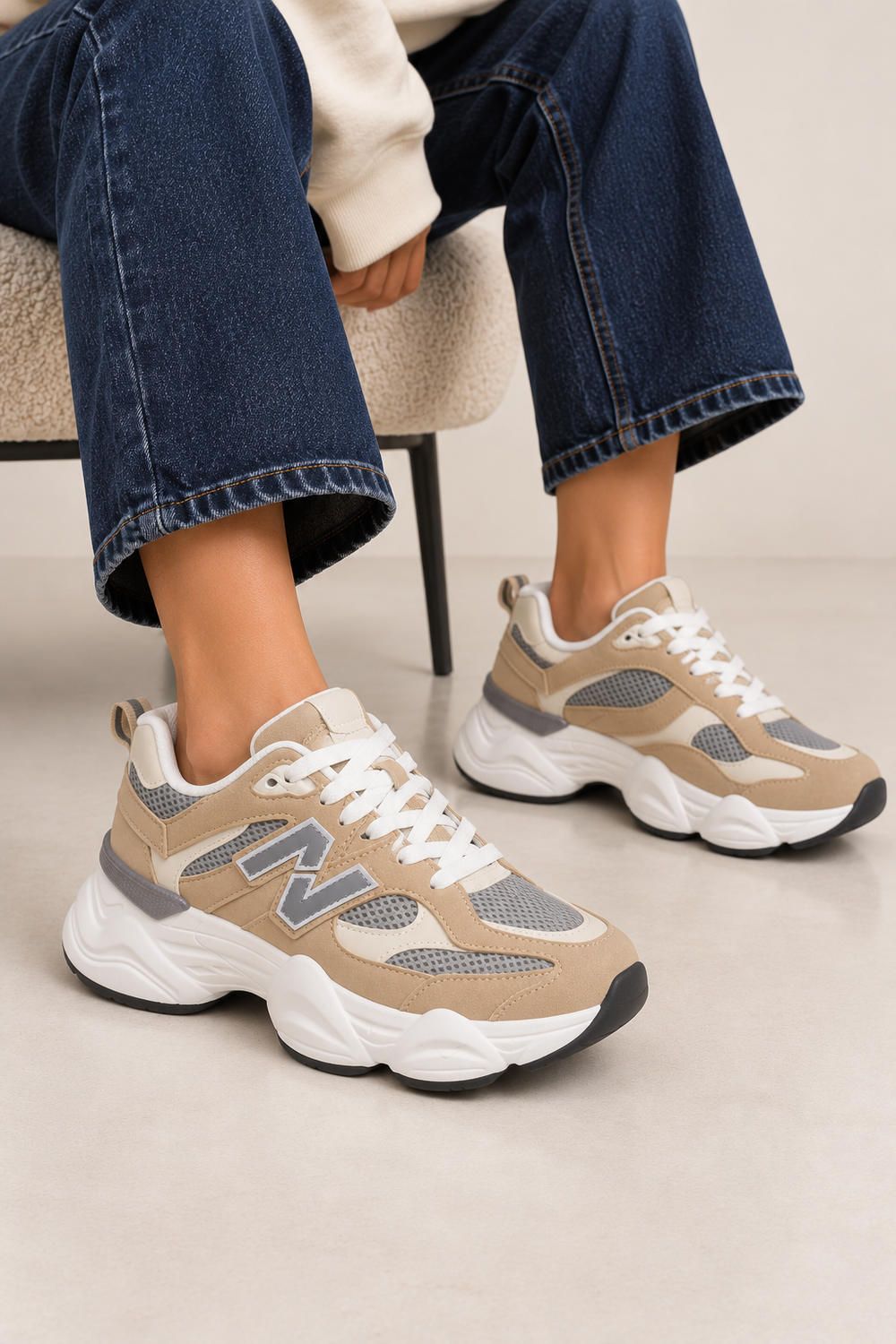 Women's Contrast Mesh Grey Khaki Chunky Trainers | Wholesale