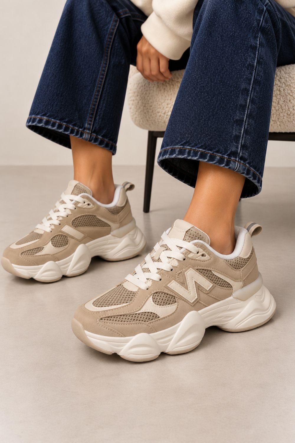 Women's Contrast Mesh Khaki Beige Chunky Trainers | Wholesale
