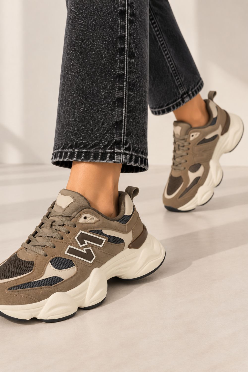 Women's Contrast Mesh Khaki Chunky Trainers | Wholesale