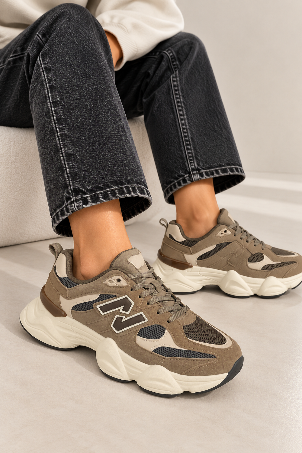 Women's Contrast Mesh Khaki Chunky Trainers | Wholesale