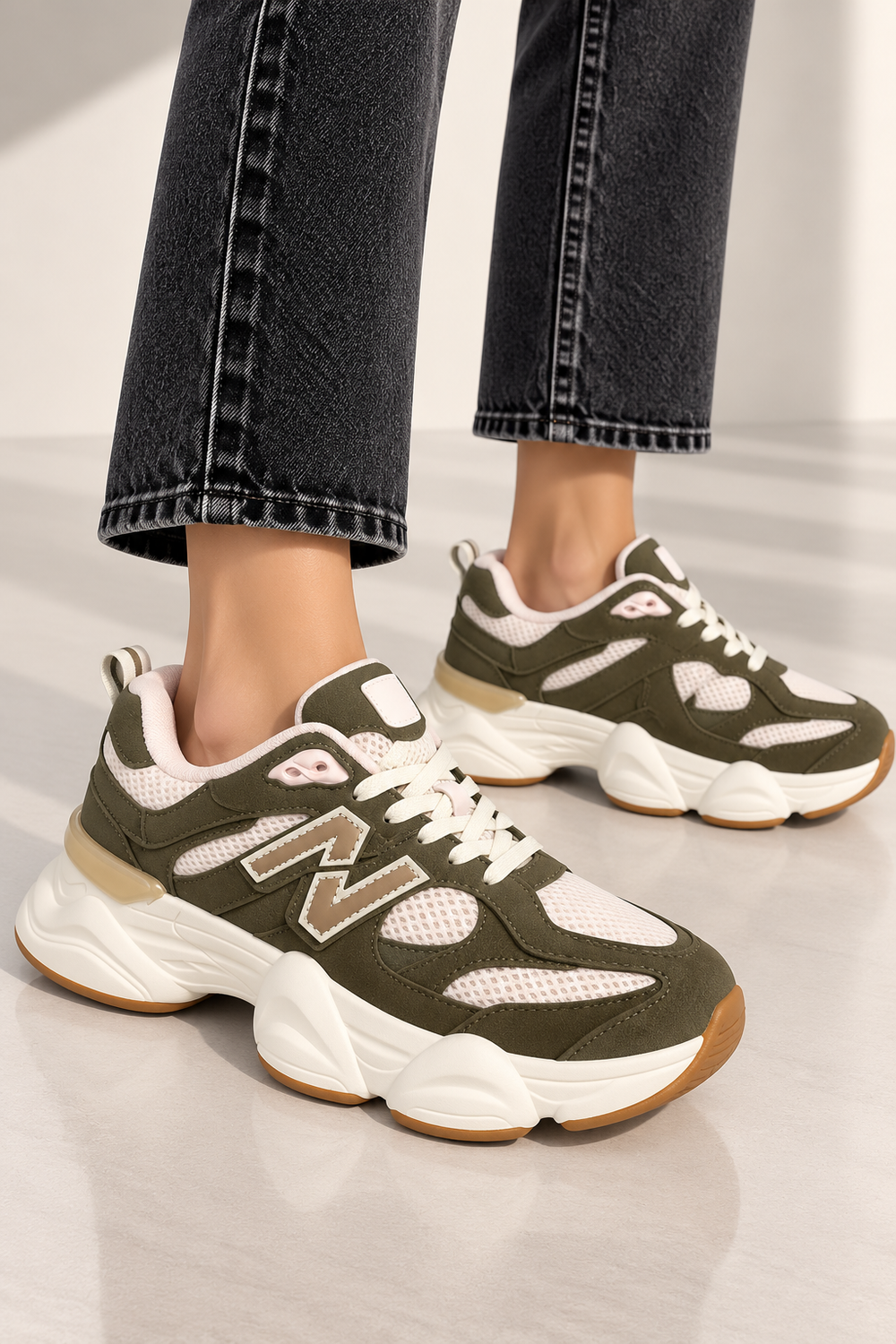Women's Contrast Mesh Khaki Green Chunky Trainers | Wholesale