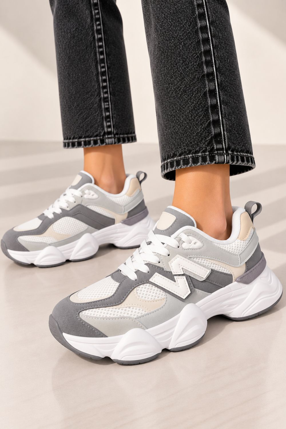 Women's Contrast Mesh White Grey Chunky Trainers | Wholesale