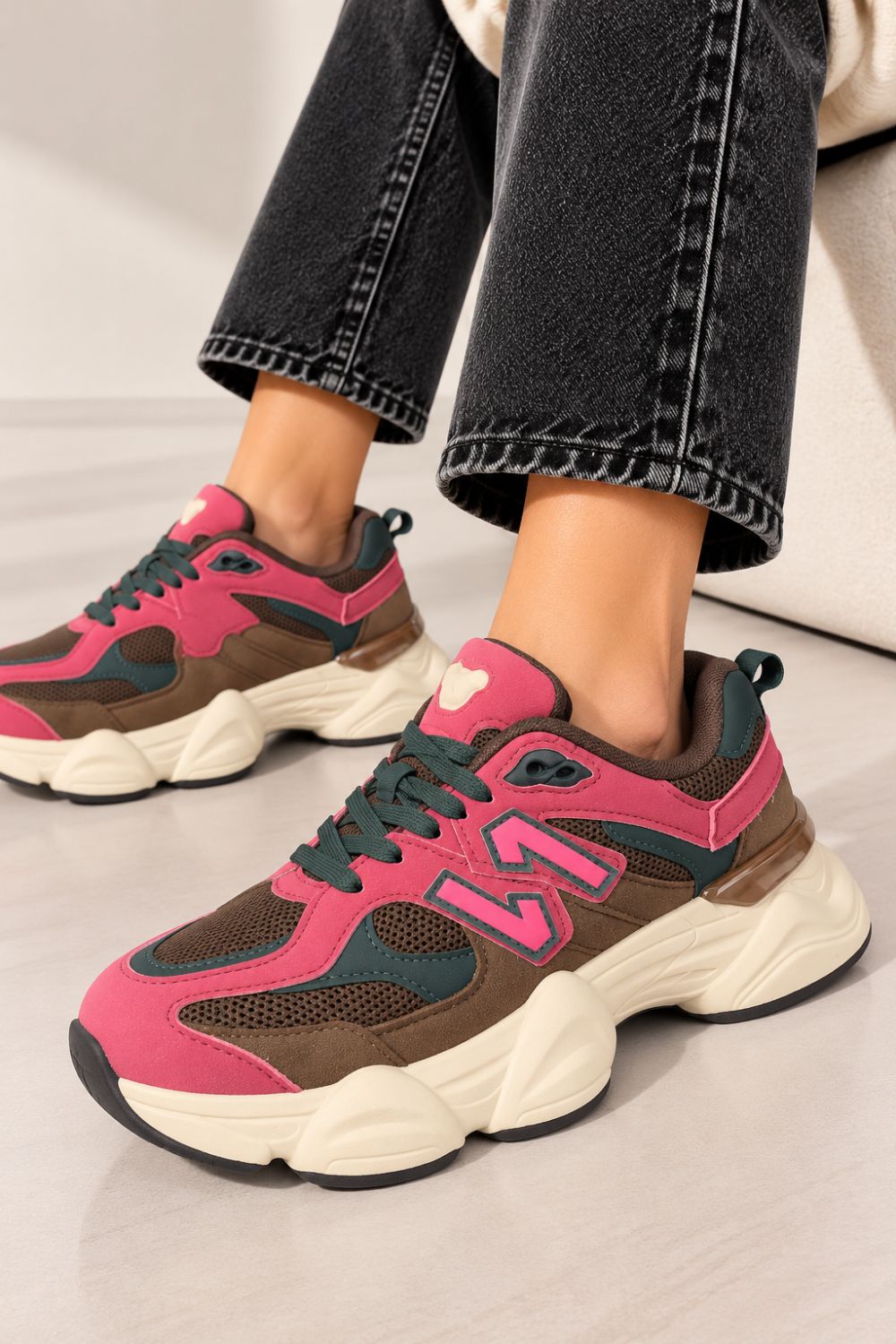 Women's Contrast Mesh Wine Brown Chunky Trainers | Wholesale
