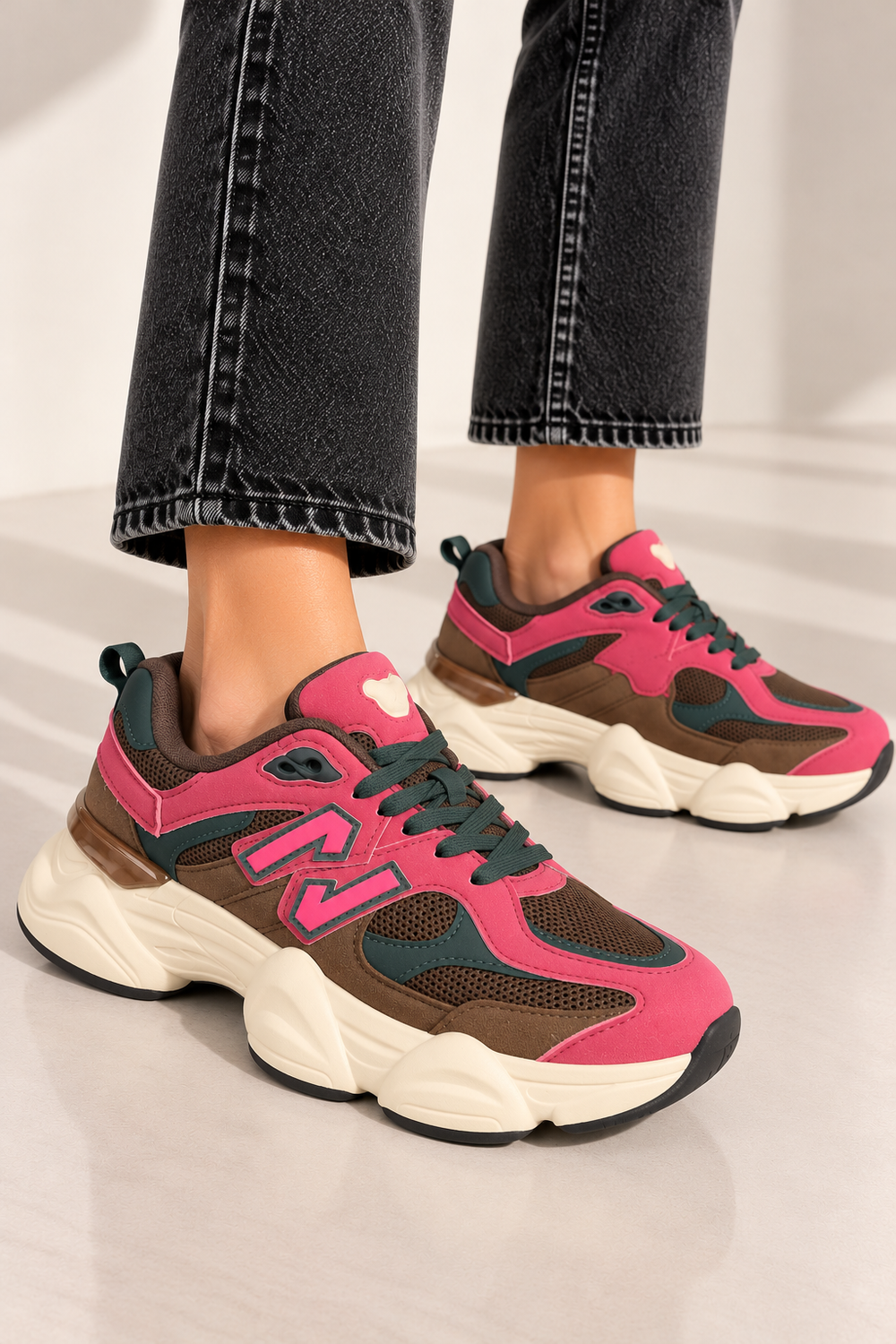 Women's Contrast Mesh Wine Brown Chunky Trainers | Wholesale