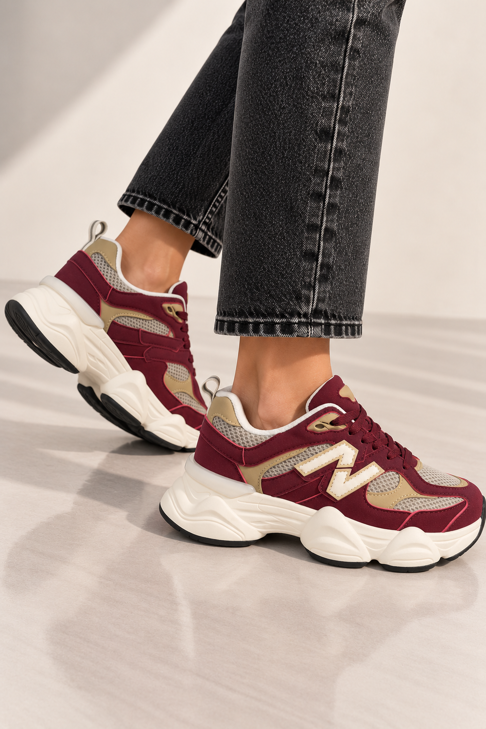 Women's Contrast Mesh Dark Wine Chunky Trainers | Wholesale
