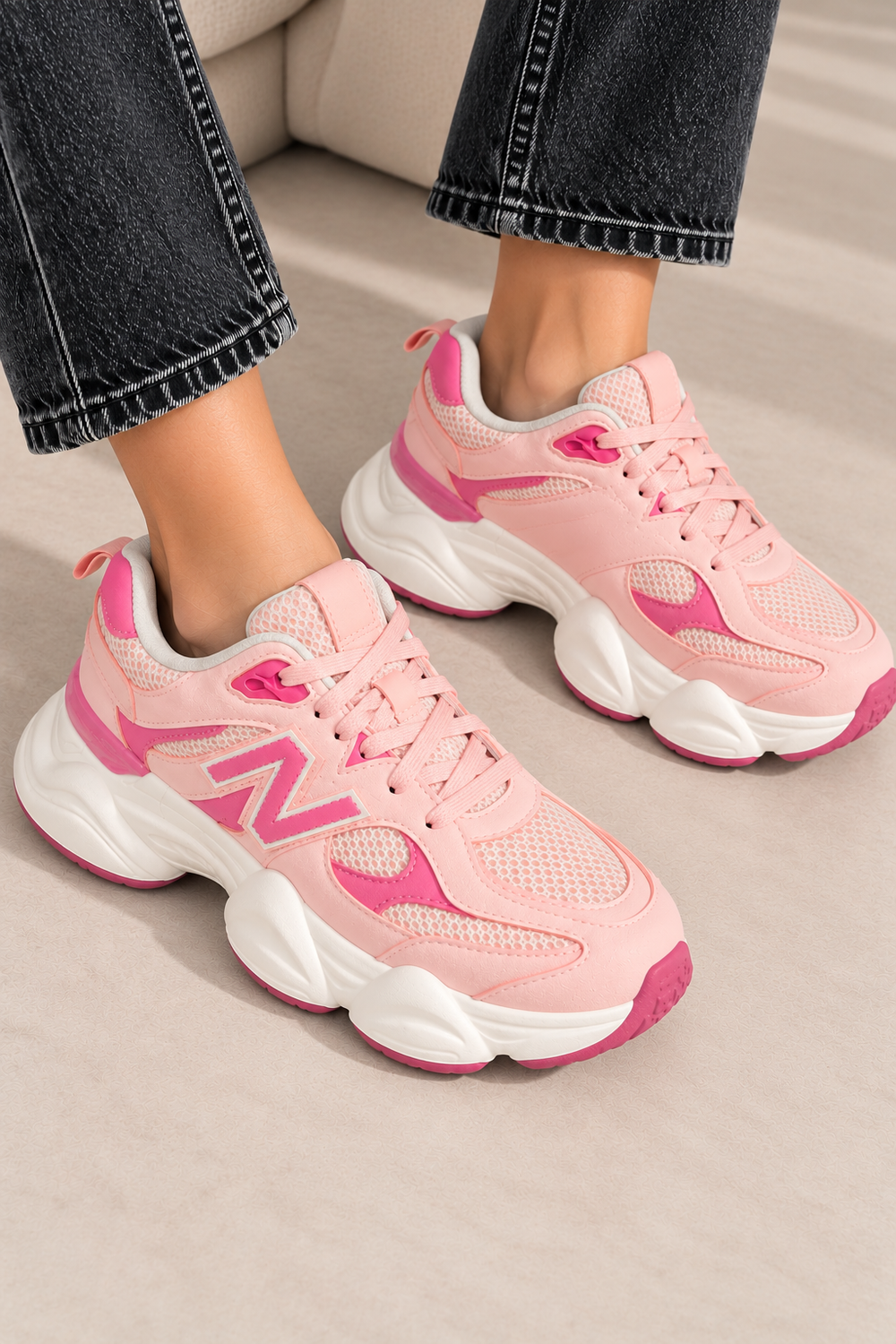 Women's Contrast Mesh Pink Chunky Trainers | Wholesale