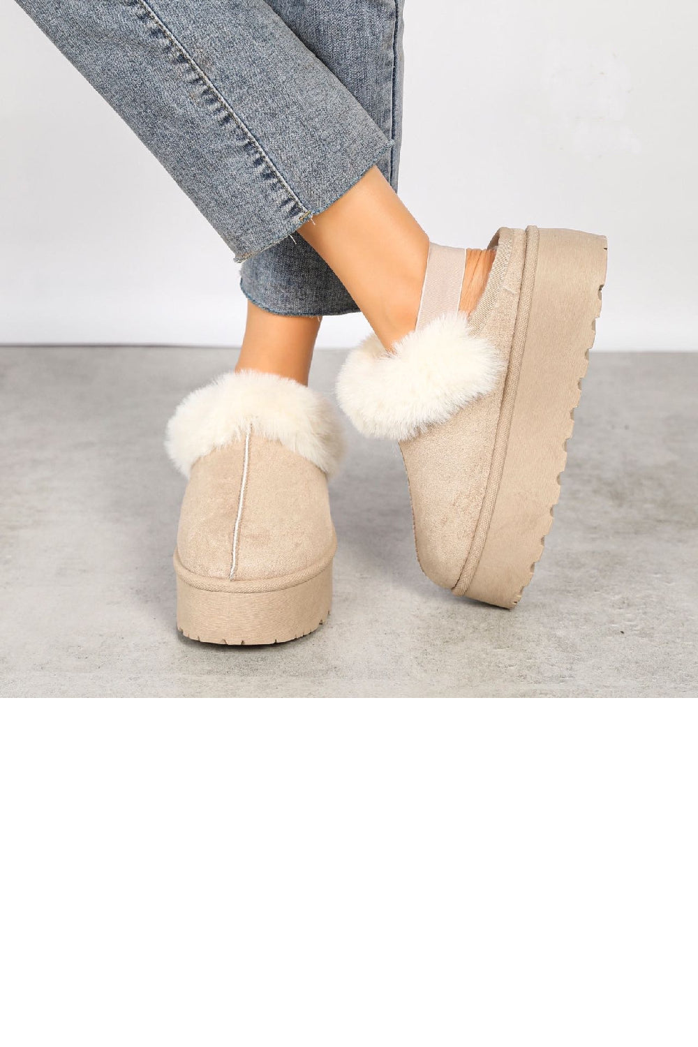 BEIGE FAUX FUR LINED MULES COMFY PLATFORM SLIPPERS