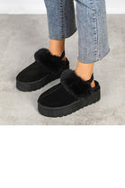 BLACK FAUX FUR LINED MULES COMFY PLATFORM SLIPPERS