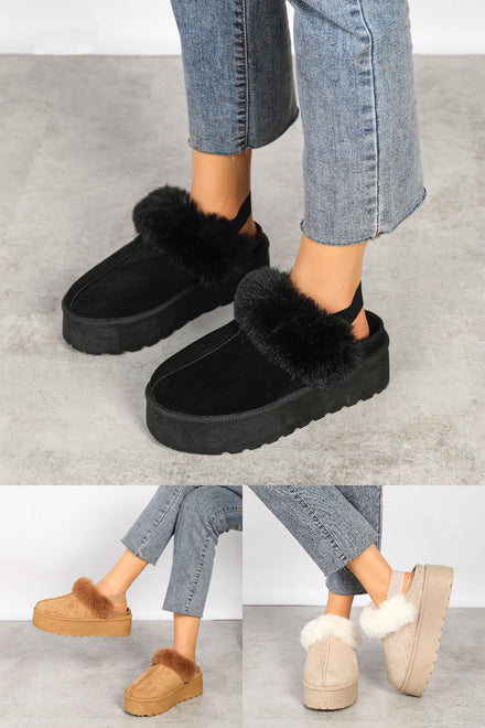 BLACK FAUX FUR LINED MULES COMFY PLATFORM SLIPPERS