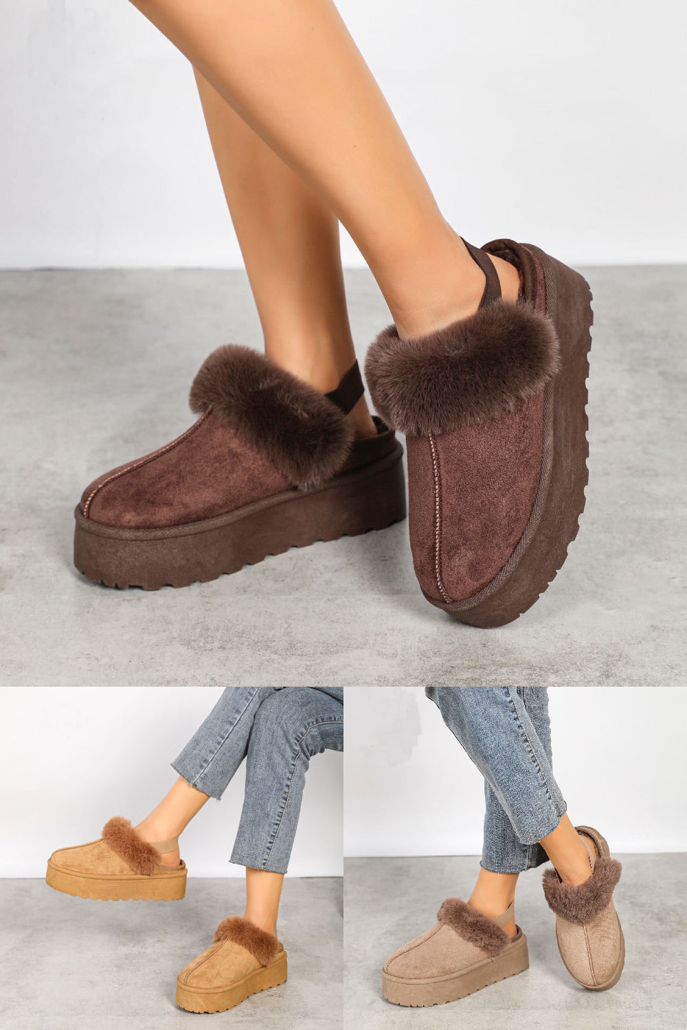 BROWN FAUX FUR LINED MULES COMFY PLATFORM SLIPPERS