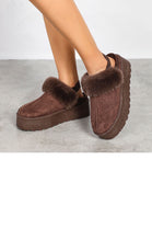 BROWN FAUX FUR LINED MULES COMFY PLATFORM SLIPPERS