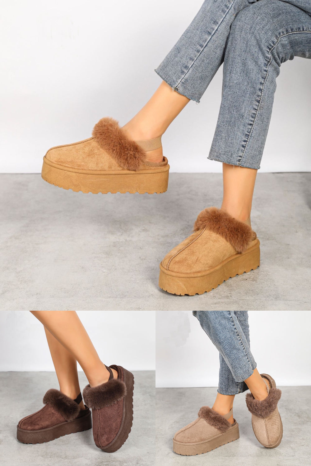 CAMEL FAUX FUR LINED MULES COMFY PLATFORM SLIPPERS