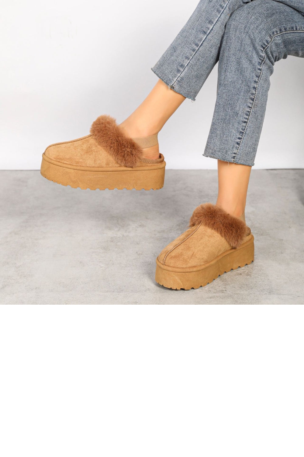 CAMEL FAUX FUR LINED MULES COMFY PLATFORM SLIPPERS